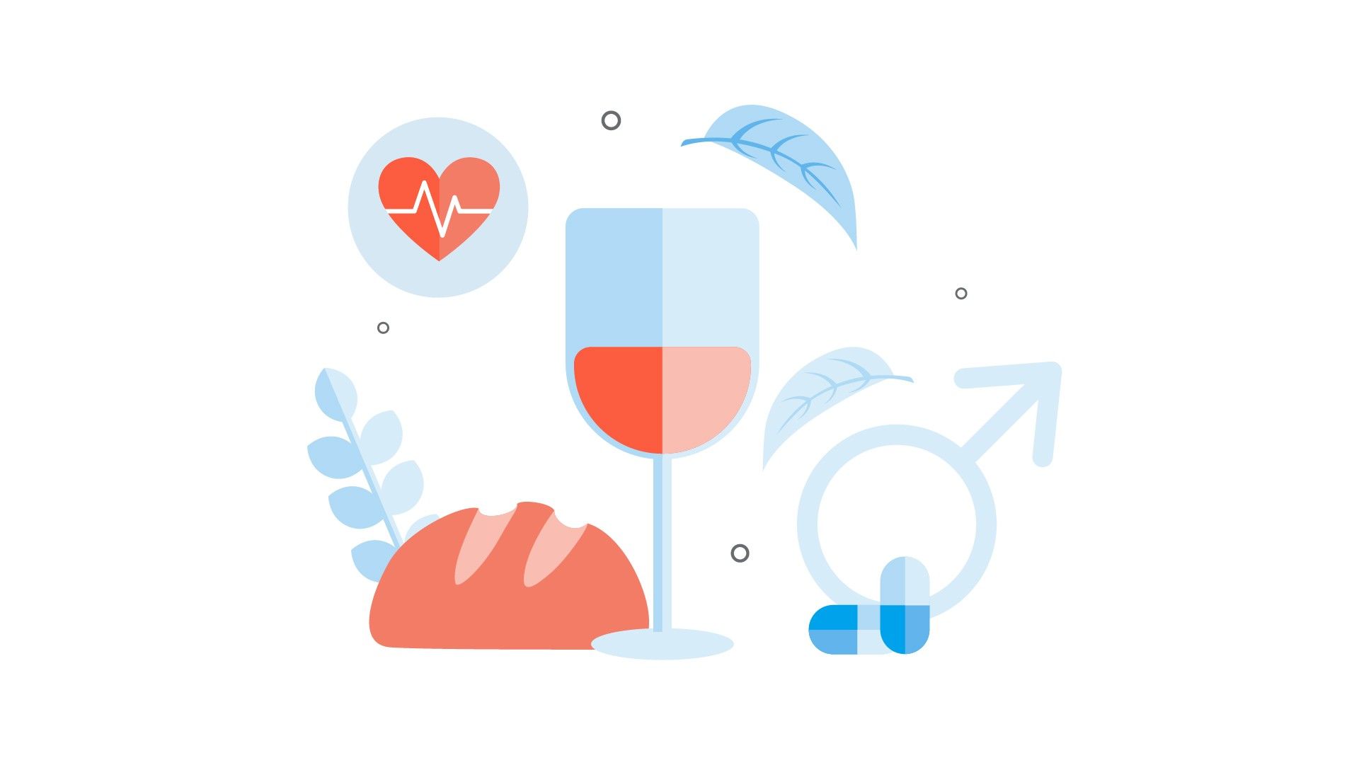 Bread, a glass of wine, and a mint leaf all next to the male symbol